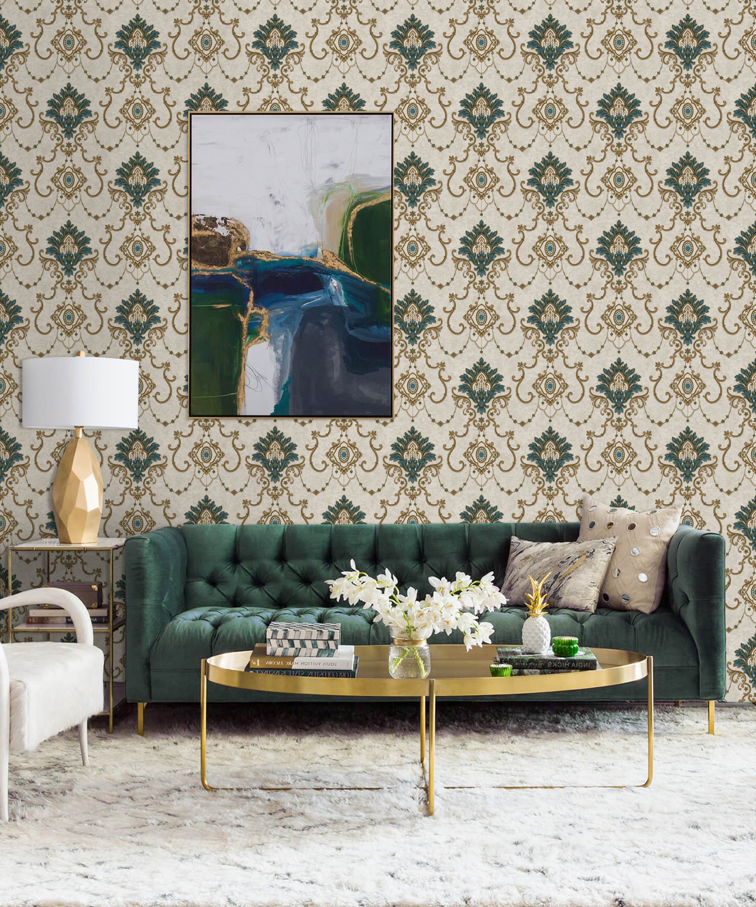 Dark Green Damask Pattern PVC Wallpaper for Living Room 